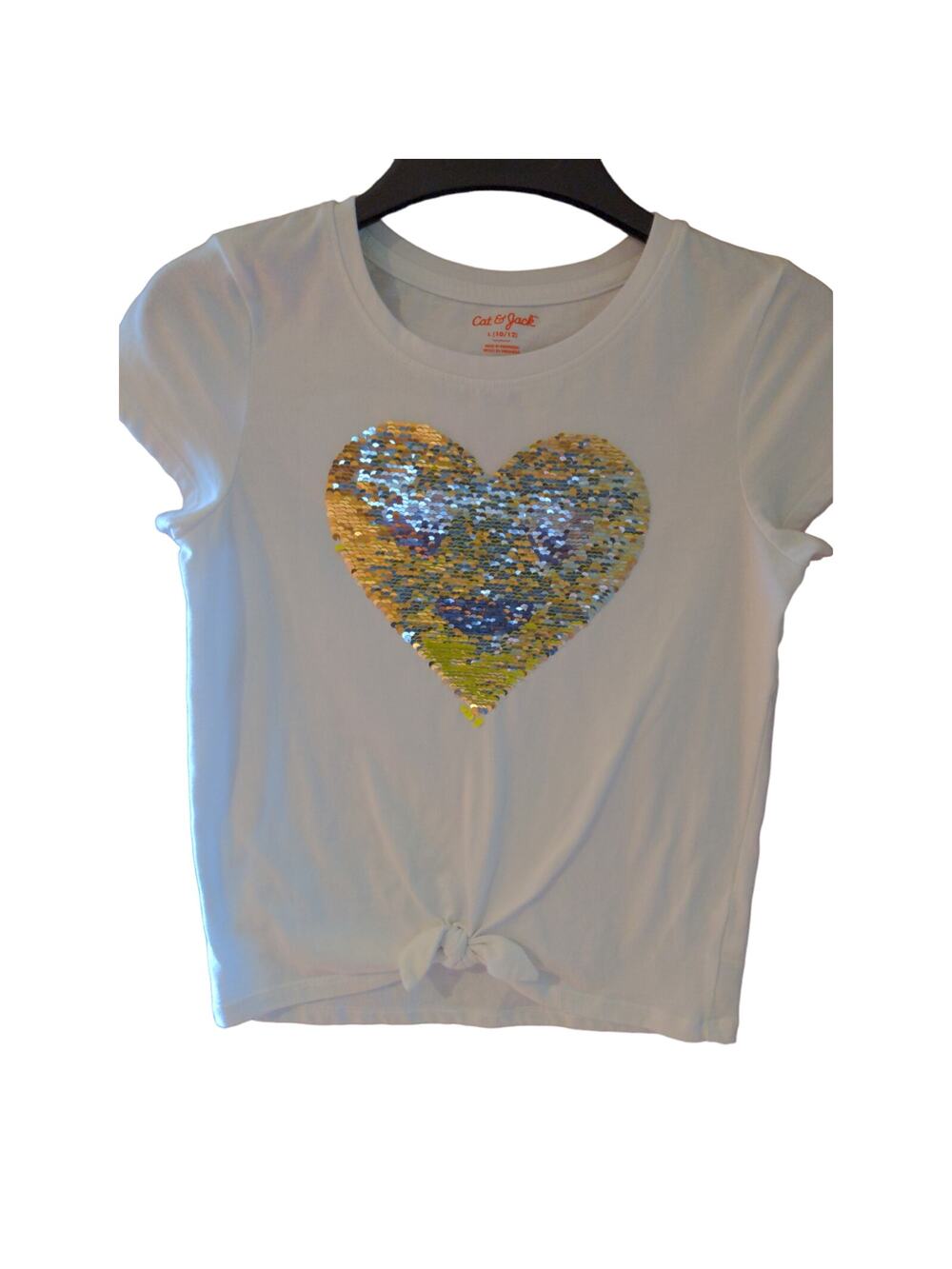 Cat & Jack Flip Sequin Heart Smiley Face White T-shirt Girl's Size L (10/12)